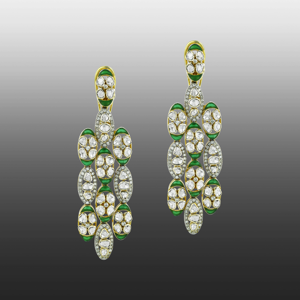 Polki Earrings with Green Stones and Elongated Oval Design